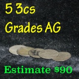 5 assorted 3c silver pieces 3 Cent Silver 3cs Grades ag, almost good