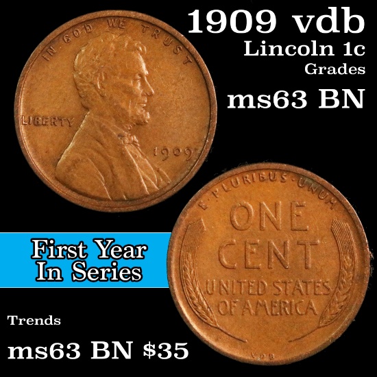 1909 vdb Lincoln Cent 1c Grades Select Unc BN