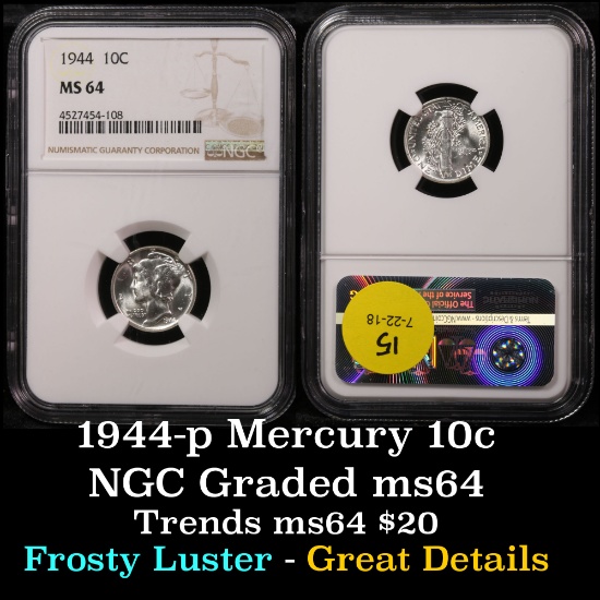 NGC 1944-p Mercury Dime 10c Graded ms64 by NGC