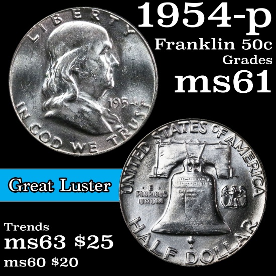 1954-p Franklin Half Dollar 50c Grades BU+