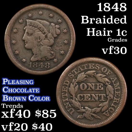 1848 Braided Hair Large Cent 1c Grades vf++