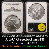 NGC 2011-w 25TH ANNIVERSARY Silver Eagle Dollar $1 Graded ms70 by NGC