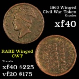 1863 Civil War Token; Rare Winged Liberty 1c Grades xf