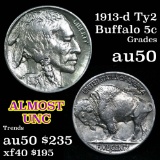 1913-d Ty2 Buffalo Nickel 5c Grades AU, Almost Unc