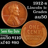 1912-s Lincoln Cent 1c Grades AU, Almost Unc