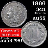1866 3 Cent Copper Nickel 3cn Grades Choice AU/BU Slider