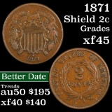 1871 2 Cent Piece 2c Grades xf+