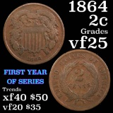 1864 2 Cent Piece 2c Grades vf+