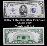1934A $5 Blue Seal Silver Certificate Grades AU, Almost Unc