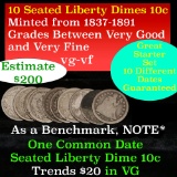 10 Seated Liberty Dimes Starter Set, 10 diff dates 10c Grades vg-vf