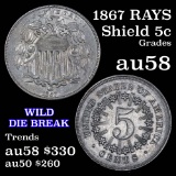 1867 Rays Shield Nickel 5c Grades Choice AU/BU Slider