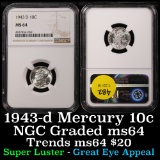 NGC 1943-d Mercury Dime 10c Graded ms64 by NGC