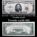 Star Note * 1963 $5 Red Seal United States Note Grades AU, Almost Unc