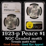 NGC 1923-p Peace Dollar $1 Graded ms65 by NGC