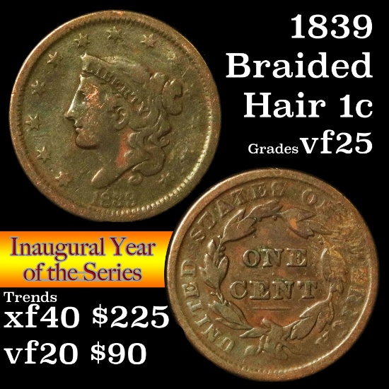 1839 Braided Hair Large Cent 1c Grades vf+