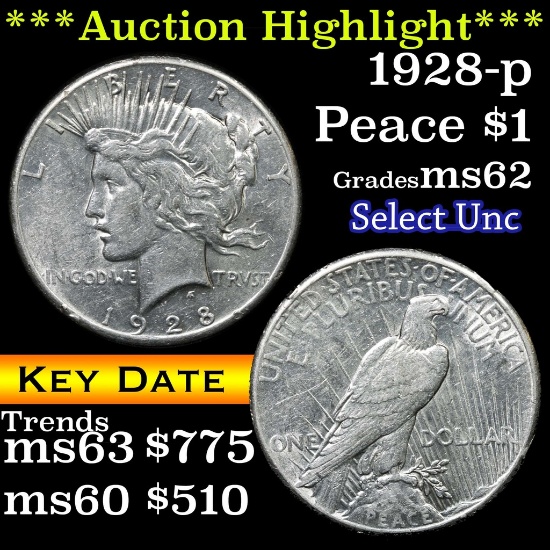 ***Auction Highlight*** 1928-p Peace Dollar $1 Grades Select Unc (fc)