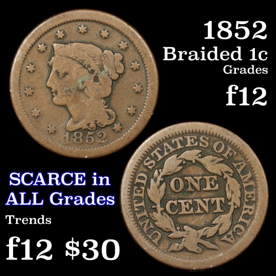 1852 Braided Hair Large Cent 1c Grades f, fine