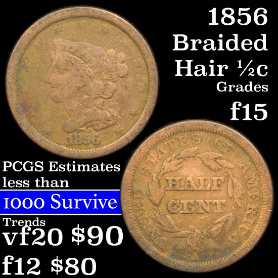 1856 Braided Hair Half Cent 1/2c Grades f+
