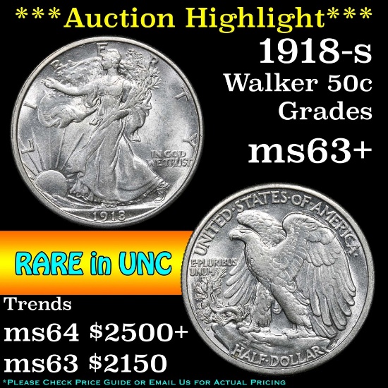 ***Auction Highlight*** 1918-s Walking Liberty Half Dollar 50c Grades Select+ Unc (fc)