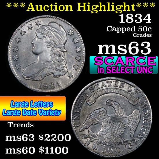 ***Auction Highlight*** 1834 Capped Bust Half Dollar 50c Grades Select Unc (fc)