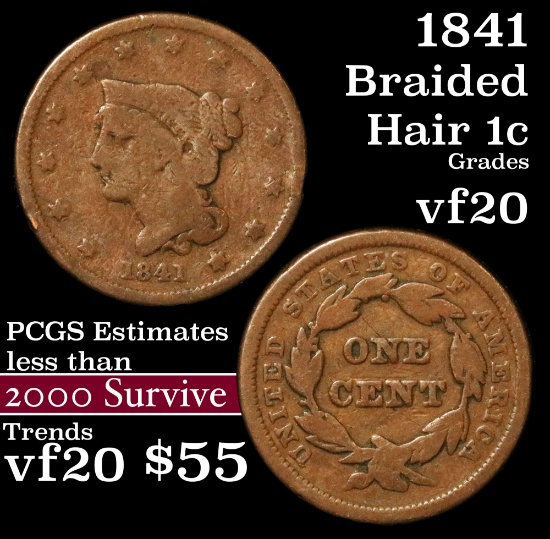 1841 Braided Hair Large Cent 1c Grades vf, very fine