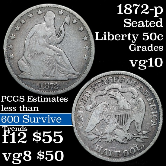 1872-p Seated Half Dollar 50c Grades vg+