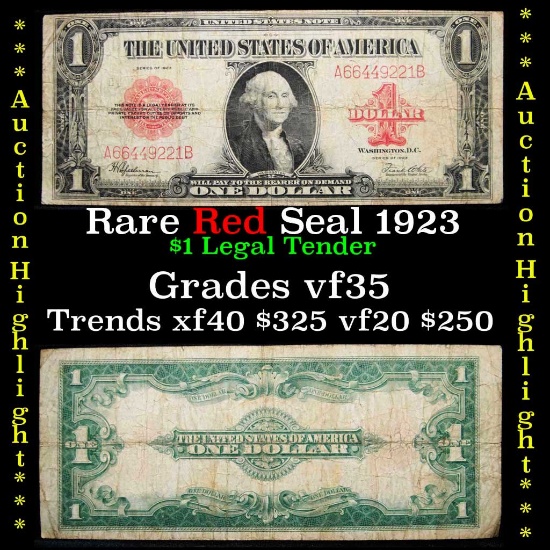 ***Auction Highlight*** Rare Red Seal 1923 $1 Large Size Legal Tender Note Grades vf++ (fc)