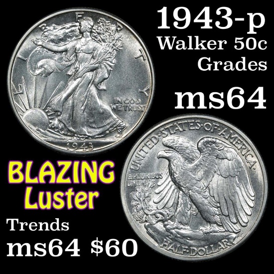 1943-p Walking Liberty Half Dollar 50c Grades Choice Unc (fc)