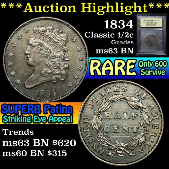 ***Auction Highlight*** 1834 Classic Head half cent 1/2c Graded Select Unc BN by USCG (fc)
