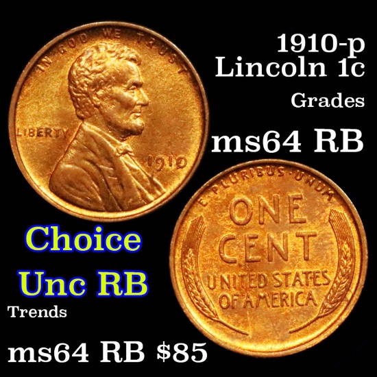 ***Auction Highlight*** 1910-p Lincoln Cent 1c Grades Choice Unc RB (fc)