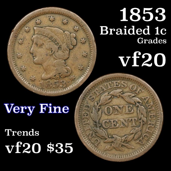 1853 Braided Hair Large Cent 1c Grades vf, very fine