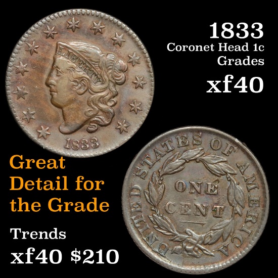 1833 Coronet Head Large Cent 1c Grades xf (fc)