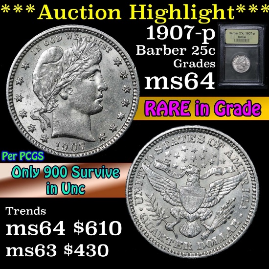 ***Auction Highlight*** 1907-p Barber Quarter 25c Graded Choice Unc by USCG (fc)