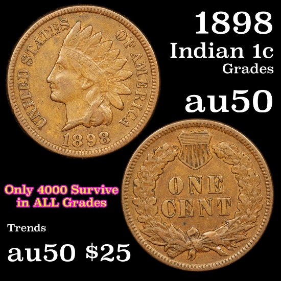 1898 Indian Cent 1c Grades AU, Almost Unc