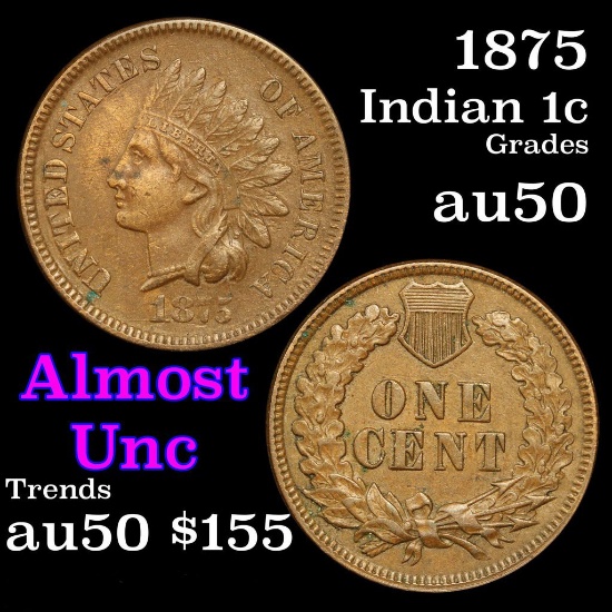 1875 Indian Cent 1c Grades AU, Almost Unc