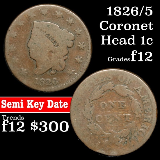 1826/5 Coronet Head Large Cent 1c Grades f, fine (fc)
