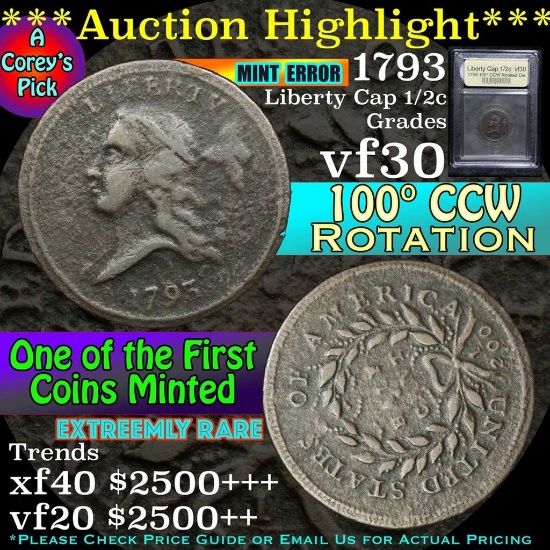 ***Auction Highlight*** 1793 100° CCW rotation Liberty Cap 1/2c Graded vf++ By USCG (fc)