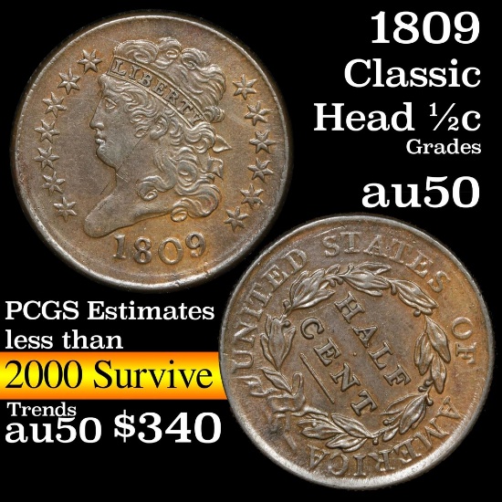 1809 Classic Head half cent 1/2c Grades AU, Almost Unc (fc)