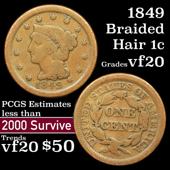 1849 Braided Hair Large Cent 1c Grades vf, very fine