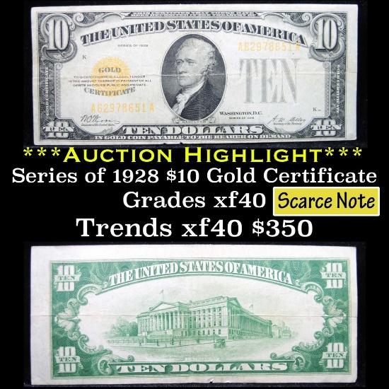 ***Auction Highlight*** 1928 $10 Gold Certificate Woods/Mellon Grades xf (fc)