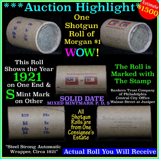 ***Auction Highlight*** Solid date Uncirculated Shotgun Roll of 1921 Morgan Dollars (fc)