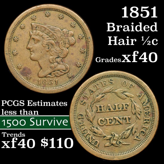1851 Braided Hair Half Cent 1/2c Grades xf