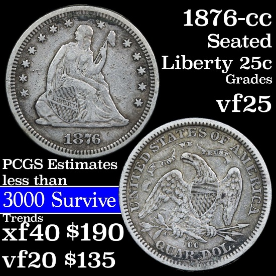 1876-cc Seated Liberty Quarter 25c Grades vf+