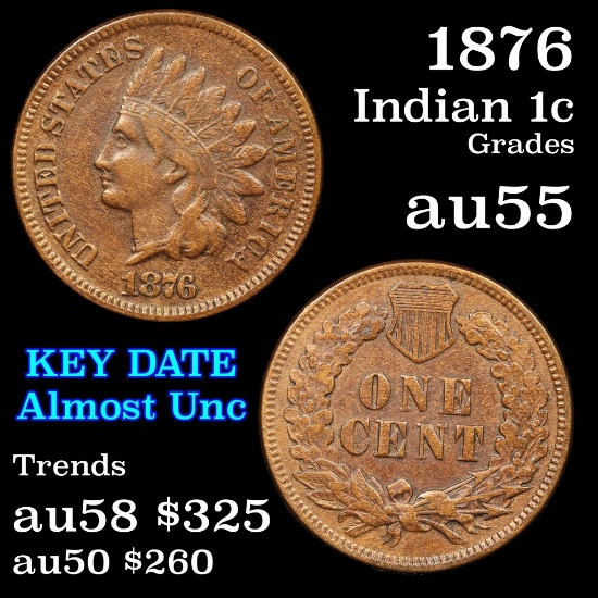 1876 Indian Cent 1c Grades Choice AU (fc)