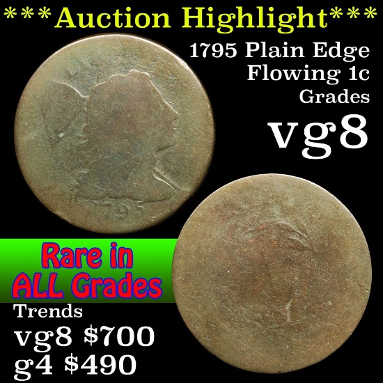 ***Auction Highlight*** 1795 Liberty Cap Flowing Hair large cent 1c Grades vg, very good (fc)