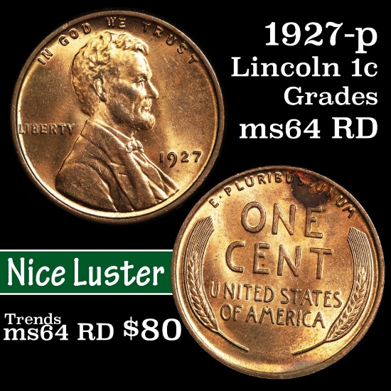 1927-p Lincoln Cent 1c Grades Choice Unc RD