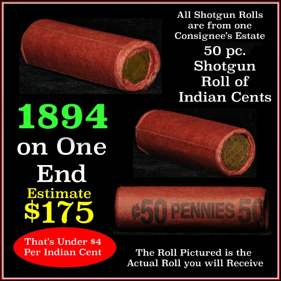 Indian Head Penny 1c Shotgun Roll, 1894 on one end, reverse on the other (fc)