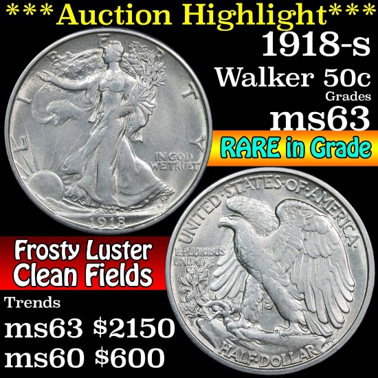 ***Auction Highlight*** 1918-s Walking Liberty Half Dollar 50c Grades Select Unc (fc)