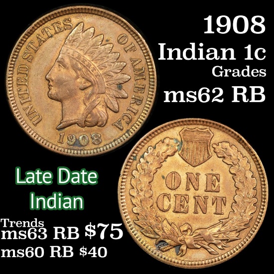 1908 Indian Cent 1c Grades Select Unc RB