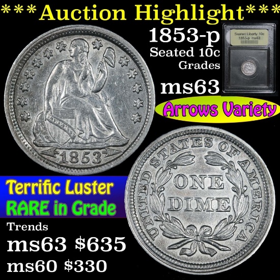 ***Auction Highlight*** 1853-p Seated Liberty Dime 10c Graded Select Unc by USCG (fc)